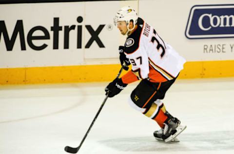 SAN JOSE, CA – APRIL 18: Anaheim Ducks left wing Nick Ritchie (37) controls the puck as he brings it up ice in the second period during game four of the first round of the Stanley Cup Playoffs between the San Jose Sharks and the Anaheim Ducks on April 18, 2018, at SAP Center in San Jose, CA (Photo by Samuel Stringer/Icon Sportswire via Getty Images)