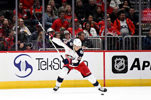 WASHINGTON, DC – OCTOBER 08: Patrik Laine #29 of the Columbus Blue Jackets shoots the puck against the Washington Capitals during a preseason game at Capital One Arena on October 08, 2022 in Washington, DC. (Photo by G Fiume/Getty Images)