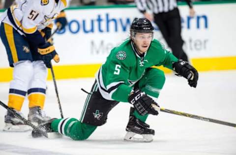 Dec 8, 2016; Dallas, TX, USA; Dallas Stars defenseman Jamie Oleksiak (5) skates against the Nashville Predators during the game at the American Airlines Center. The Stars defeat the Predators 5-2. Mandatory Credit: Jerome Miron-USA TODAY Sports