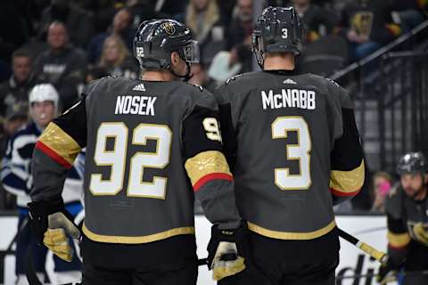 LAS VEGAS, NV – FEBRUARY 22: Tomas Nosek #92 and Brayden McNabb #3 of the Vegas Golden Knights talk during a stoppage in play during the second period against the Winnipeg Jets at T-Mobile Arena on February 22, 2019 in Las Vegas, Nevada. (Photo by David Becker/NHLI via Getty Images)