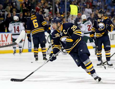 Oct 14, 2013; Buffalo, NY, USA; Buffalo Sabres left wing Thomas Vanek (26) skates in warm-ups prior to the game against the Minnesota Wild at First Niagara Center. Mandatory Credit: Kevin Hoffman-USA TODAY Sports