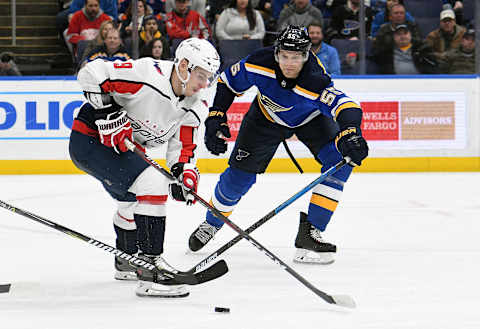 ST. LOUIS, MO. – JANUARY 03: St. Louis Blues defenseman Colton Parayko (55) reaches in to get the puck from Washington Capitals defenseman Dimitry Orlov (9) during an NHL game between the Washington Capitals and the St. Louis Blues on January 03, 2019, at Enterprise Center, St. Louis, MO. (Photo by Keith Gillett/Icon Sportswire via Getty Images)