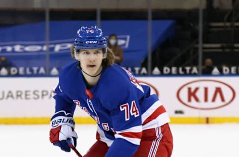 NEW YORK, NEW YORK – APRIL 23: Vitali Kravtsov #74 of the New York Rangers skates against the Philadelphia Flyers at Madison Square Garden on April 23, 2021, in New York City. (Photo by Bruce Bennett/Getty Images)