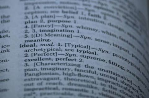 Close-up of the term 'ideal' in a thesaurus.