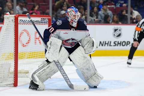 VANCOUVER, CANADA – JANUARY 27: Joonas Korpisalo #70 of the Columbus Blue Jackets in net during the second period of their NHL game against the Vancouver Canucks at Rogers Arena on January 27, 2023 in Vancouver, British Columbia, Canada. (Photo by Derek Cain/Getty Images)