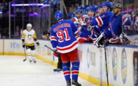 NEW YORK, NY – MARCH 18: Vladimir Tarasenko #91 of the New York Rangers comes to the bench after scoring during the second period of the game against the Pittsburgh Penguins on March 18, 2023 at Madison Square Garden in New York, New York. (Photo by Rich Graessle/Getty Images)