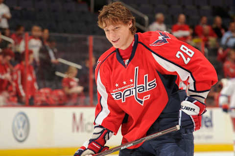 WASHINGTON, DC – MAY 2: Alexander Semin #28 of Washington Capitals skates during warmups before Game Three of the Eastern Conference Semifinals of the 2012 NHL Stanley Cup Playoffs against the New York Rangers on May 2, 2012 at the Verizon Center in Washington, DC. (Photo by Mitchell Layton/NHLI via Getty Images)