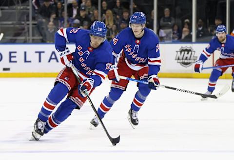 NEW YORK, NEW YORK – FEBRUARY 10: Filip Chytil #72 and Vitali Kravtsov #74 of the New York Rangers skate against the Seattle Kraken at Madison Square Garden on February 10, 2023, in New York City. The Rangers defeated the Kraken 6-3. (Photo by Bruce Bennett/Getty Images)