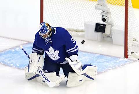 TORONTO, ONTARIO – AUGUST 02: Frederik Andersen #31 of the Toronto Maple Leafs is unable to stop a shot from Cam Atkinson #13 of the Columbus Blue Jackets in the third period in Game One of the Eastern Conference Qualification Round prior to the 2020 NHL Stanley Cup Playoffs at Scotiabank Arena on August 02, 2020 in Toronto, Ontario, Canada. (Photo by Andre Ringuette/Freestyle Photo/Getty Images)