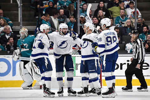 SAN JOSE, CA – FEBRUARY 1: Steven Stamkos #91, Nikita Kucherov #86 and Mikhail Sergachev #98 of the Tampa Bay Lightning celebrate scoring a goal against the San Jose Sharks at SAP Center on February 1, 2020 in San Jose, California. (Photo by Brandon Magnus/NHLI via Getty Images)