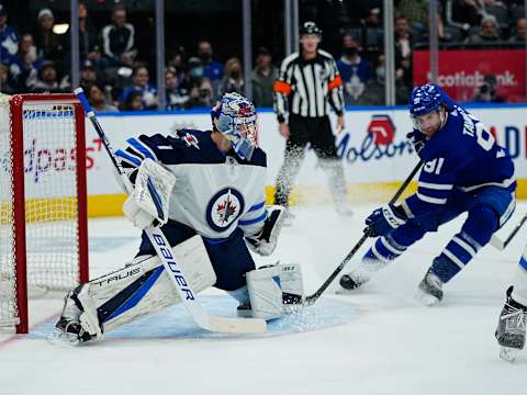 Mar 31, 2022; Toronto, Ontario, CAN; Winnipeg Jets goaltender Eric Comrie (1). Mandatory Credit: John E. Sokolowski-USA TODAY Sports