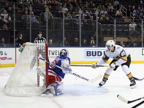 NEW YORK, NEW YORK – DECEMBER 02: Alex Tuch #89 of the Vegas Golden Knights scores on the power-play at 3:50 of the first period against Henrik Lundqvist #30 of the New York Rangers at Madison Square Garden on December 02, 2019 in New York City. (Photo by Bruce Bennett/Getty Images)