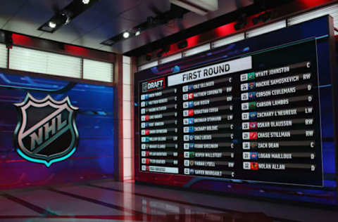 SECAUCUS, NEW JERSEY – JULY 23: A general view of the draft board from the first round of the 2021 NHL Entry Draft at the NHL Network studios on July 23, 2021, in Secaucus, New Jersey. (Photo by Bruce Bennett/Getty Images)