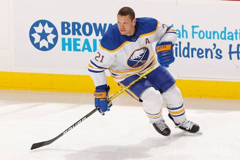 SUNRISE, FL – APRIL 8: Kyle Okposo #21 of the Buffalo Sabres skates prior to the game against the Florida Panthers at the FLA Live Arena on April 8, 2022 in Sunrise, Florida. (Photo by Joel Auerbach/Getty Images)