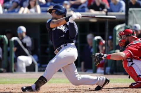 Feb 25, 2017; Clearwater, FL, USA; New York Yankees shortstop Gleyber Torres (81) doubles during the fifth inning against the Philadelphia Phillies at Spectrum Field. Mandatory Credit: Kim Klement-USA TODAY Sports