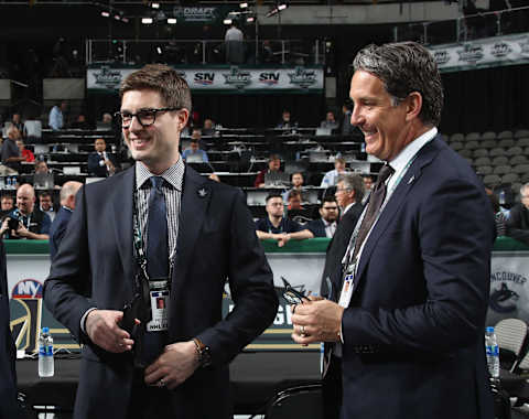 DALLAS, TX – JUNE 22: Kyle Dubas and Brendan Shanahan of the Toronto Maple Leafs chat prior to the first round of the 2018 NHL Draft at American Airlines Center on June 22, 2018 in Dallas, Texas. (Photo by Bruce Bennett/Getty Images)