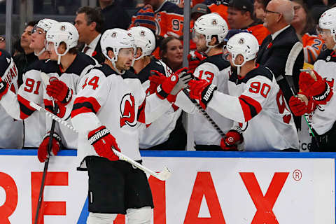 The New Jersey Devils celebrate a goal by forward Miles Wood (44): Perry Nelson-USA TODAY Sports