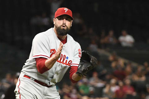 Celebrating a save, Neshek can do more than just set up a closer. Photo by Jennifer Stewart/Getty Images.