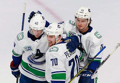 Tanner Pearson #70 of the Vancouver Canucks celebrates a power-play goal (Photo by Jeff Vinnick/Getty Images)