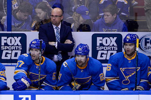 Apr 2, 2017; St. Louis, MO, USA; St. Louis Blues head coach Mike Yeo looks on as his team plays the Nashville Predators during the third period at Scottrade Center. Mandatory Credit: Jeff Curry-USA TODAY Sports