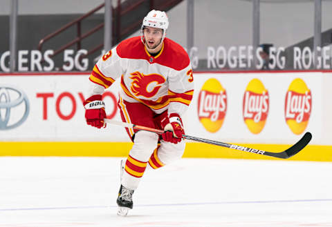 Connor Mackey #3 of the Calgary Flames. (Photo by Rich Lam/Getty Images)