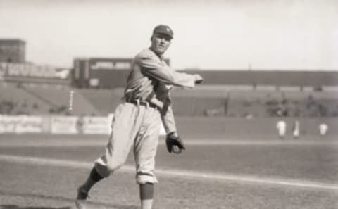 Walter Johnson pitches for the Washington Senators in the 1916 season opener at the Polo Grounds.