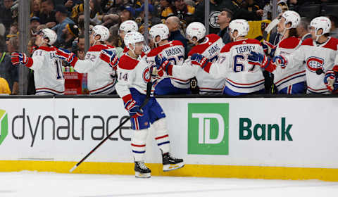 BOSTON, MA – MARCH 23: Nick Suzuki #14 of the Montreal Canadiens celebrates his goal against the Boston Bruins during the first period at the TD Garden on March 23, 2023 in Boston, Massachusetts. (Photo by Rich Gagnon/Getty Images)