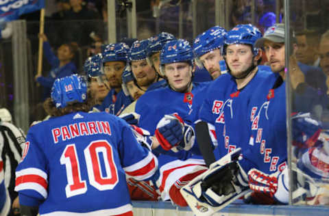 NEW YORK, NEW YORK – APRIL 10: Artemi Panarin #10 of the New York Rangers celebrates his powerplay goal at 1:01 of the second period against the Buffalo Sabres at Madison Square Garden on April 10, 2023, in New York City. (Photo by Bruce Bennett/Getty Images)