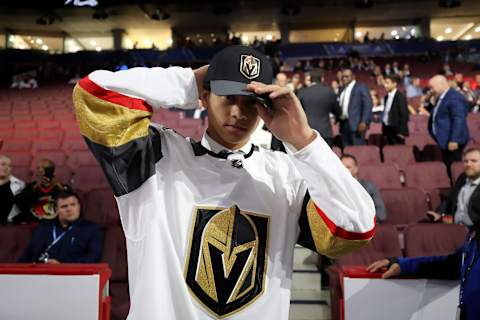 VANCOUVER, BRITISH COLUMBIA – JUNE 22: Marcus Kallionkieli reacts after being selected 139th overall by the Vegas Golden Knights during the 2019 NHL Draft at Rogers Arena on June 22, 2019 in Vancouver, Canada. (Photo by Bruce Bennett/Getty Images)