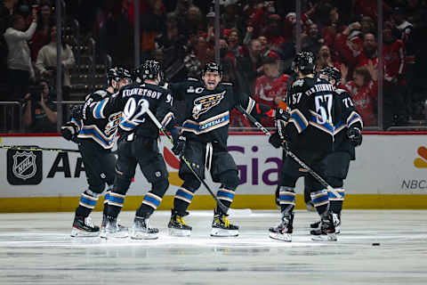 Erik Gustafsson, Alex Ovechkin, Evgeny Kuznetsov, Trevor van Riemsdyk, Conor Sheary, Washington Capitals (Photo by Scott Taetsch/Getty Images)