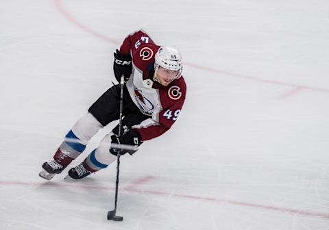 SAN JOSE, CA – APRIL 26: Colorado Avalanche defenseman Samuel Girard (49) brings the puck back up the ice late in the 3rd period of Round 2, Game 1 between the Colorado Avalanche and the San Jose Sharks on Friday, April 26, 2019 at the SAP Center in San Jose, California. (Photo by Douglas Stringer/Icon Sportswire via Getty Images)