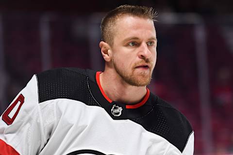 MONTREAL, QC – APRIL 01: Look on New Jersey Devils Left Wing Michael Grabner (40) at warm-up before the New Jersey Devils versus the Montreal Canadiens game on April 1, 2018, at Bell Centre in Montreal, QC (Photo by David Kirouac/Icon Sportswire via Getty Images)