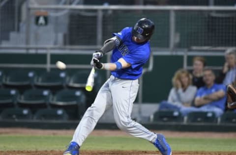 CORAL GABLES, FL – APRIL 8: Duke outfielder Griffin Conine (9) hits a home run during a college baseball game between the Duke University Blue Devils and the University of Miami Hurricanes on April 8, 2017 at Alex Rodriguez Park at Mark Light Field, Coral Gables, Florida. Miami defeated Duke 9-7. (Photo by Richard C. Lewis/Icon Sportswire via Getty Images)