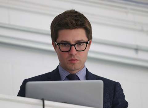 Sep 18, 2018; Lucan, Ontario, CAN; Toronto Maple Leafs general manager Kyle Dubas  . Mandatory Credit: Tom Szczerbowski-USA TODAY Sports