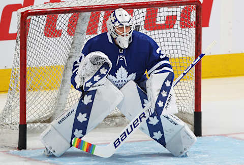 TORONTO, ON – MARCH 29: Michael Hutchinson #30 of the Toronto Maple Leafs   (Photo by Claus Andersen/Getty Images)