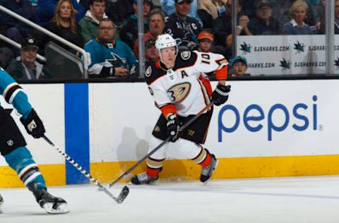 SAN JOSE, CA – APRIL 16: Corey Perry #10 of the Anaheim Ducks skates with the puck against the San Jose Sharks. (Photo by Rocky W. Widner/NHL/Getty Images)