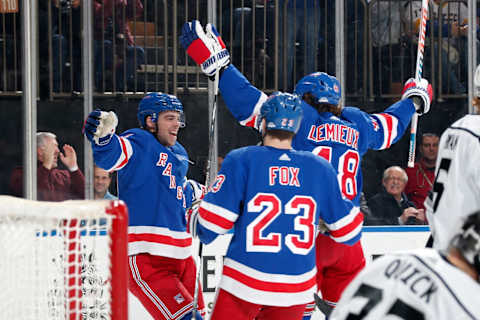 NEW YORK, NY – FEBRUARY 09: Gregg McKegg #14 of the New York Rangers celebrates with teammates after scoring a goal in the first period against Jonathan Quick #32 of the Los Angeles Kings at Madison Square Garden on February 9, 2020 in New York City. (Photo by Jared Silber/NHLI via Getty Images)