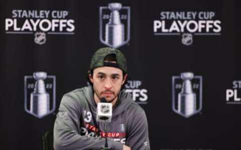 May 15, 2022; Calgary, Alberta, CAN; Calgary Flames left wing Johnny Gaudreau (13) during interview after the game against the Dallas Stars in game seven of the first round of the 2022 Stanley Cup Playoffs at Scotiabank Saddledome. Mandatory Credit: Sergei Belski-USA TODAY Sports