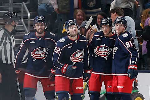 Apr 13, 2023; Columbus, Ohio, USA; Columbus Blue Jackets center Emil Bemstrom (52) celebrates his goal against the Pittsburgh Penguins during the third period at Nationwide Arena. Mandatory Credit: Russell LaBounty-USA TODAY Sports