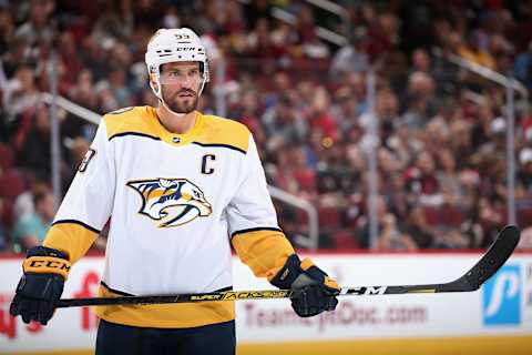 GLENDALE, ARIZONA – OCTOBER 17: Roman Josi #59 of the Nashville Predators during the third period of the NHL game against the Arizona Coyotes at Gila River Arena on October 17, 2019 in Glendale, Arizona. (Photo by Christian Petersen/Getty Images)