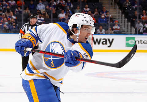 ELMONT, NEW YORK – DECEMBER 30: Peyton Krebs #19 of the Buffalo Sabres skates against the New York Islanders at the UBS Arena on December 30, 2021 in Elmont, New York. (Photo by Bruce Bennett/Getty Images)