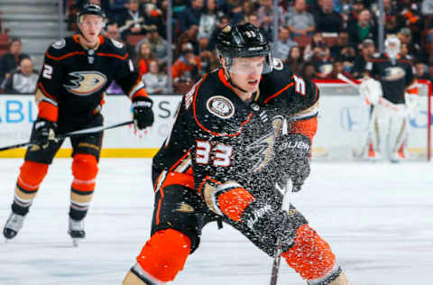 ANAHEIM, CA – April 1: Jakob Silfverberg #33 of the Anaheim Ducks skates with the puck during the first period of the game against the Colorado Avalanche at Honda Center on April 1, 2018, in Anaheim, California. (Photo by Debora Robinson/NHLI via Getty Images) *** Local Caption ***