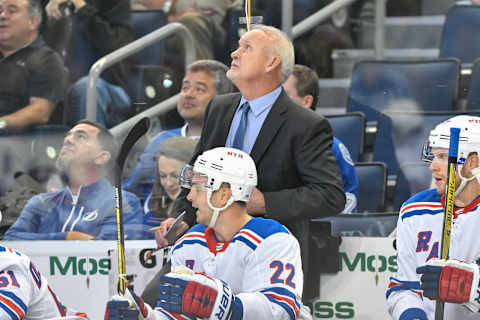 TAMPA, FL – NOVEMBER 02: New York Rangers assistant coach Lindy Ruff looks up at the replay during the first period of an NHL game between the New York Rangers and the Tampa Bay Lightning on November 02, 2017 at Amalie Arena in Tampa, FL. (Photo by Roy K. Miller/Icon Sportswire via Getty Images)