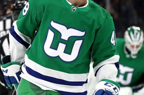 BOSTON, MASSACHUSETTS – MARCH 05: A detail of Jordan Martinook #48 of the Carolina Hurricanes throwback Hartford Whalers jersey during the first period of the game against the Boston Bruins at TD Garden on March 05, 2019 in Boston, Massachusetts. (Photo by Maddie Meyer/Getty Images)