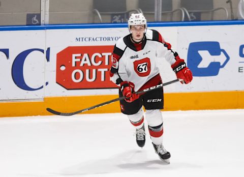 Jack Quinn of the Ottawa 67’s skates during an OHL game against the Oshawa Generals at the Tribute Communities Centre on January 19, 2020.