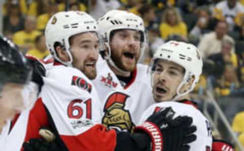 May 13, 2017; Pittsburgh, PA, USA; Ottawa Senators center Jean-Gabriel Pageau (44) celebrates with right wing Mark Stone (61) and right wing Bobby Ryan (9) after scoring a goal (Charles LeClaire-USA TODAY Sports)