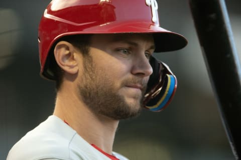 May 16, 2023; San Francisco, California, USA; Philadelphia Phillies shortstop Trea Turner (7) awaits his turn at bat against the San Francisco Giants during the second inning at Oracle Park. Mandatory Credit: D. Ross Cameron-USA TODAY Sports