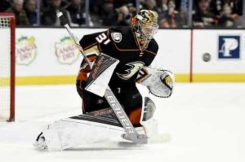 Jan 13, 2016; Anaheim, CA, USA; Anaheim Ducks goalie Frederik Andersen (31) blocks a shot against the Ottawa Senators during the first period at Honda Center. Mandatory Credit: Kelvin Kuo-USA TODAY Sports