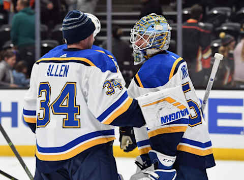 ANAHEIM, CA – JANUARY 23: St. Louis Blues with goalies Jake Allen (34) and Jordan Binnington (50) on the ice after the Blues defeated the Anaheim Ducks 5 to 1 in a game played on January 23, 2019 at the Honda Center in Anaheim, CA. (Photo by John Cordes/Icon Sportswire via Getty Images)