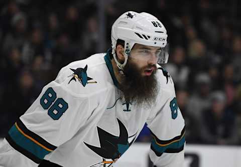 Dec 31, 2016; Los Angeles, CA, USA; San Jose Sharks defenseman Brent Burns (88) reacts during a NHL hockey match against the Los Angeles Kings at Staples Center. The Kings defeated the Sharks 3-2. Mandatory Credit: Kirby Lee-USA TODAY Sports